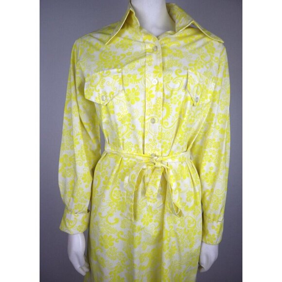 VINTAGE 1970s WOMEN'S CANARY YELLOW PRINT LONG SLEEVE SHIRT DRESS - HOBNOBBER - - Picture 3 of 12